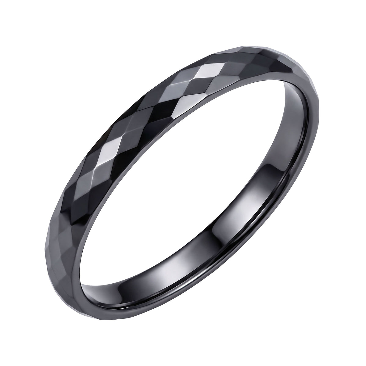 Thin black ceramic ring with cut facets all around