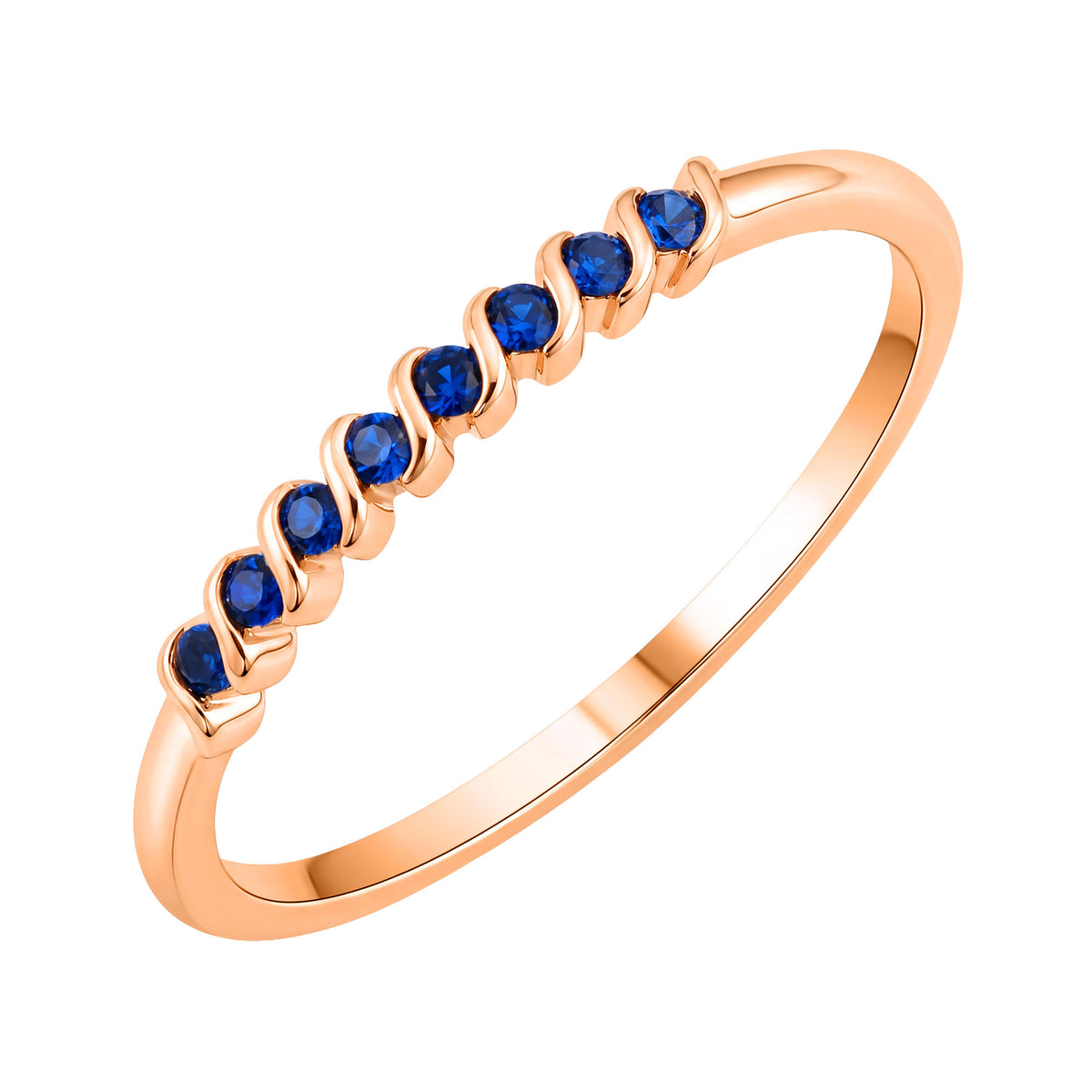 Gold-plated ring with a row of deep blue crystals in wavy settings, white background