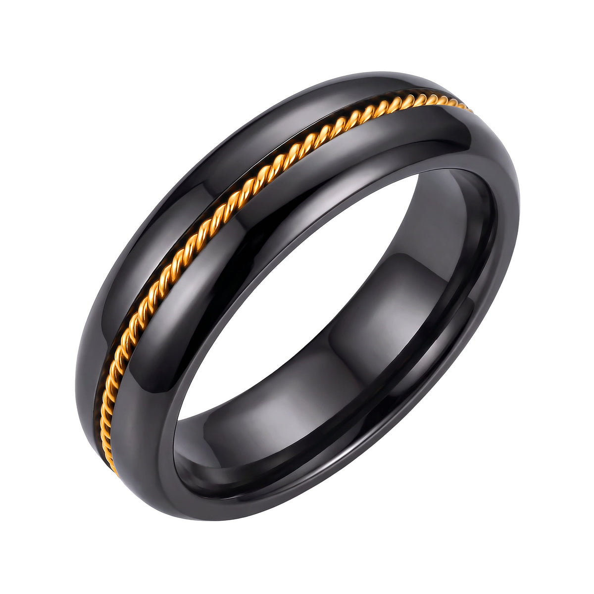 Black ceramic ring with a twisted gold-tone rope band in the middle