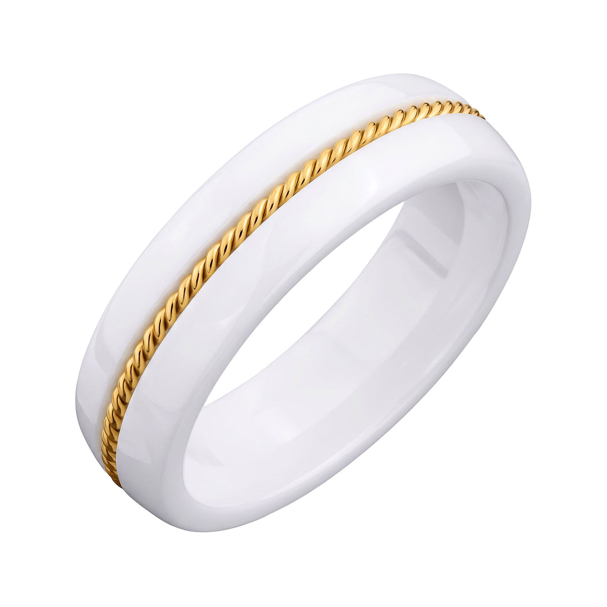 White ceramic ring with a twisted gold-tone rope band
