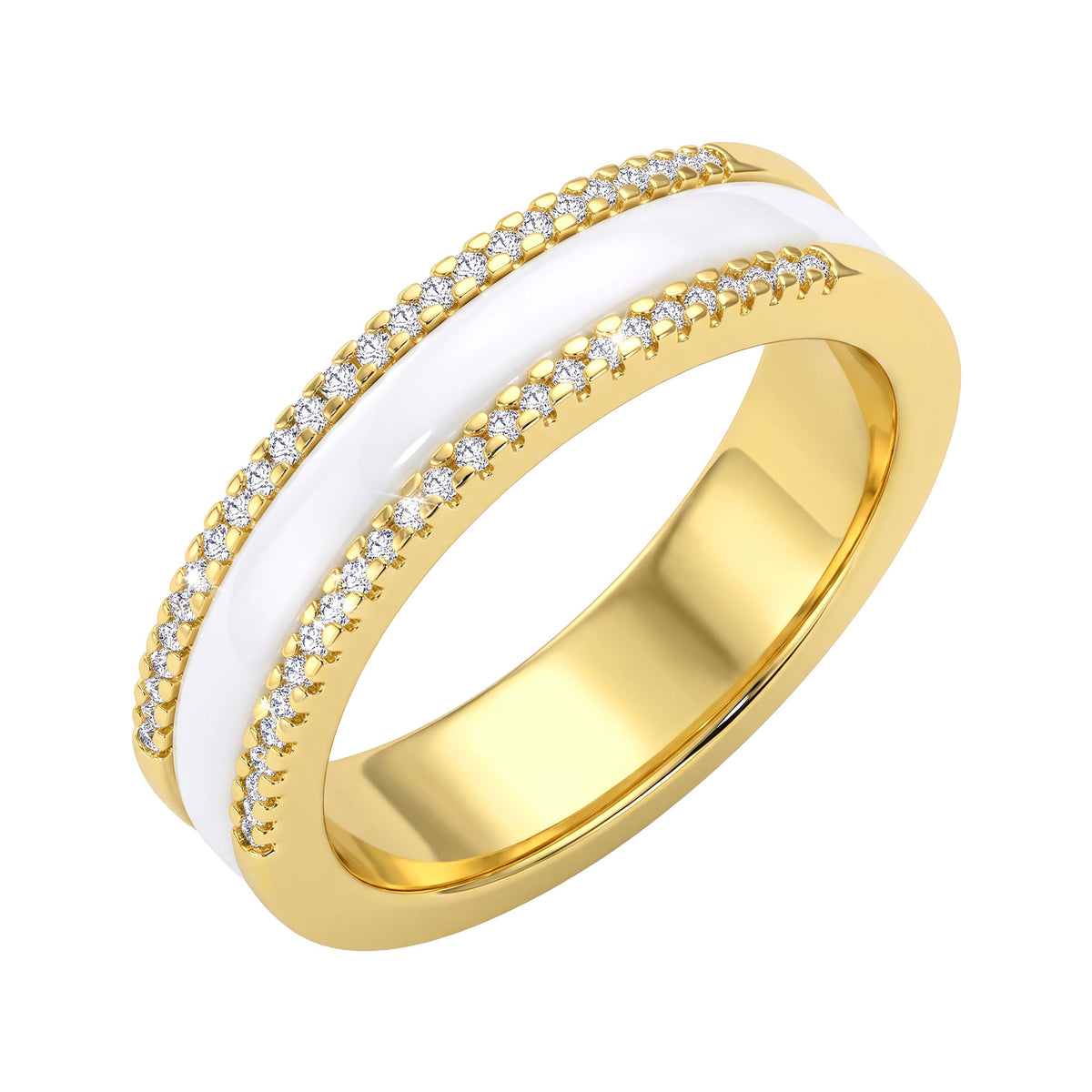 Gold-plated ring with a white ceramic band and two rows of cubic zirconia