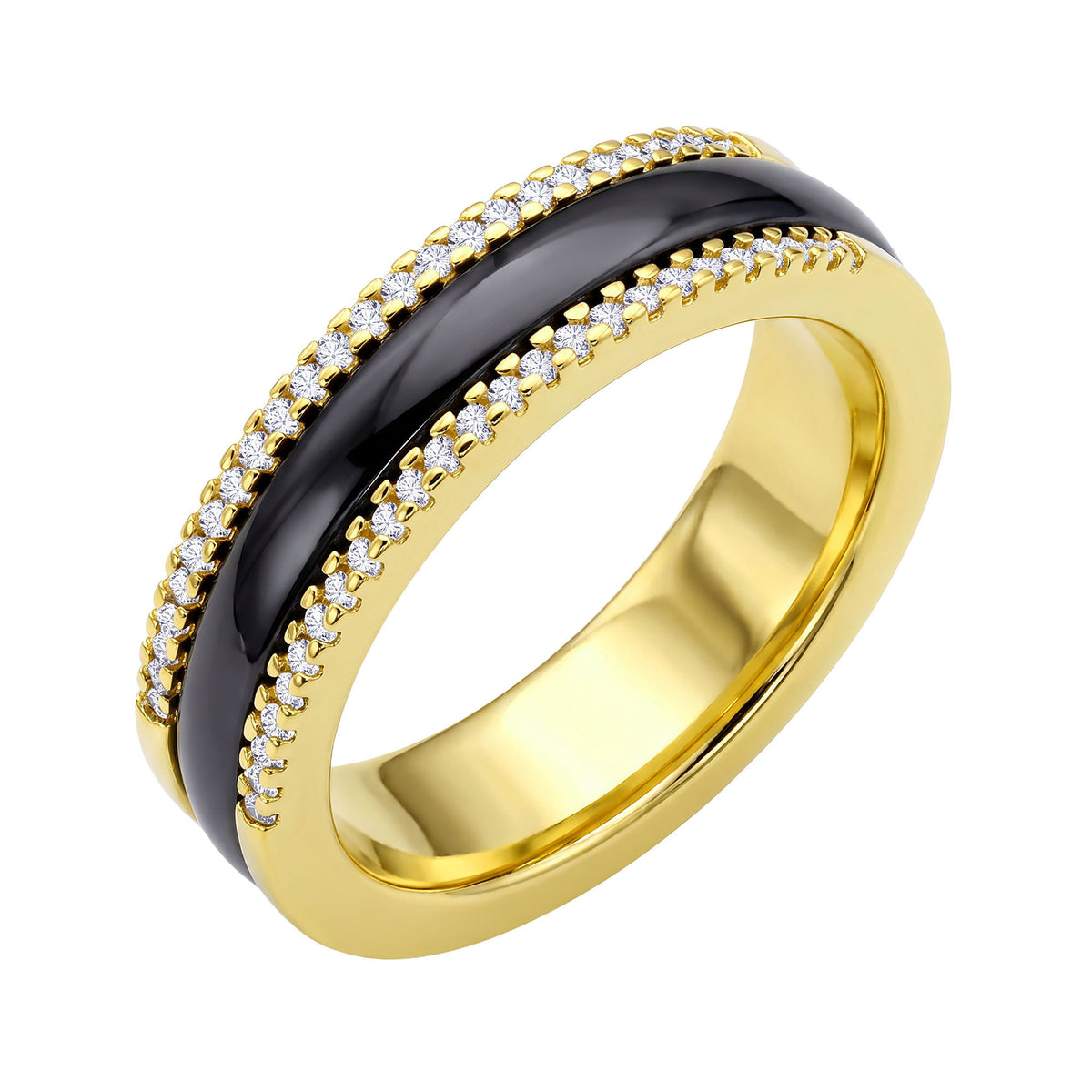 Wide gold-plated ring with a black ceramic inlay and two rows of shiny crystals