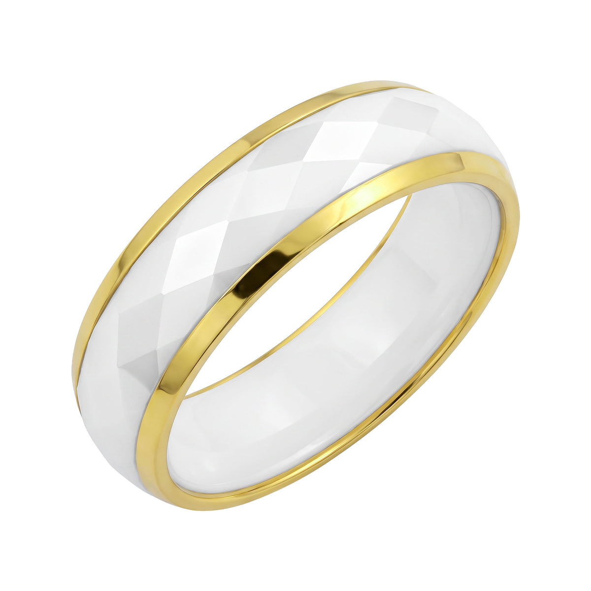 White ceramic ring with fine gold-tone edges on a white background