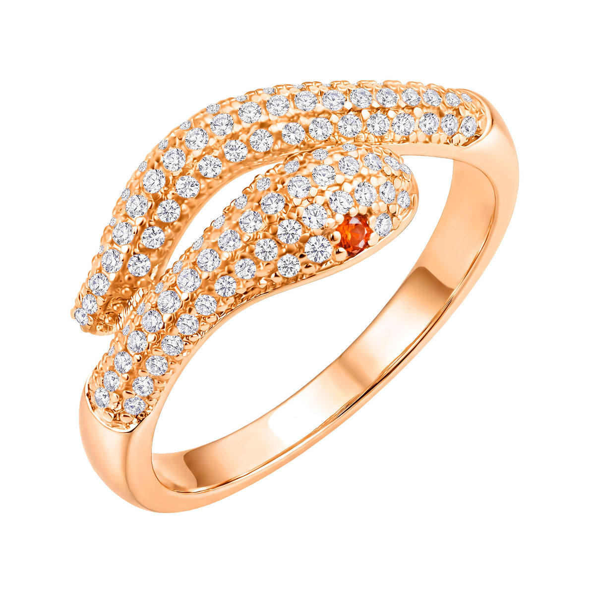Gold-plated snake ring with white cubic zirconia and a red-orange eye
