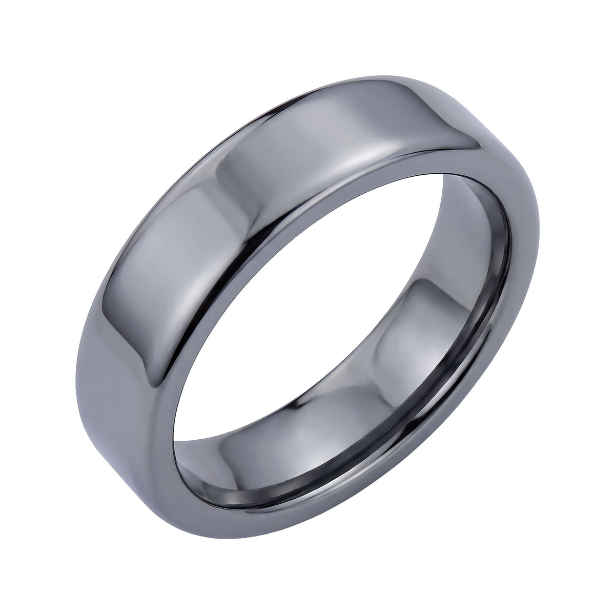 Flat-profile hematite ring with a polished mirror surface on a white background