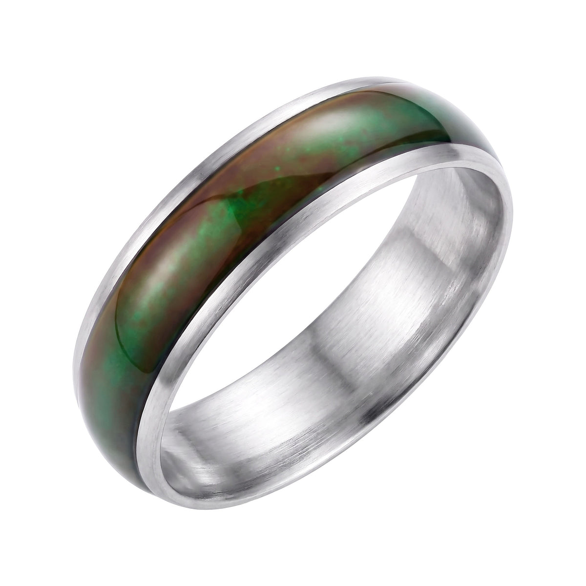 Silver-tone mood ring with a greenish brown colour-changing band