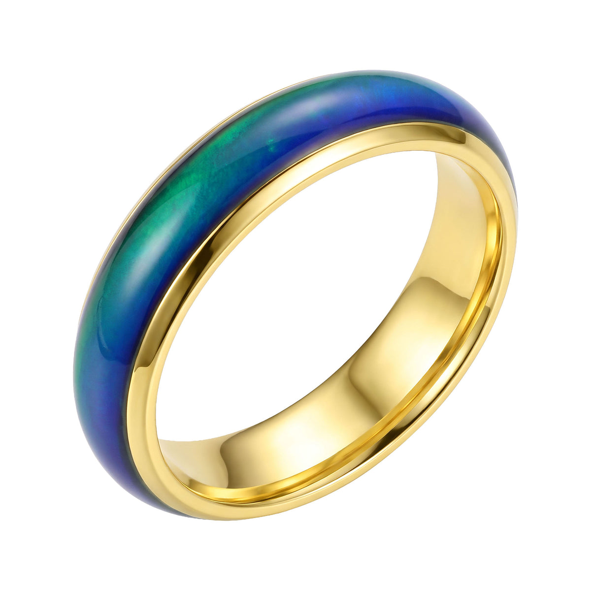 Mood ring with a blue to green colour shift and gold-plated steel rim