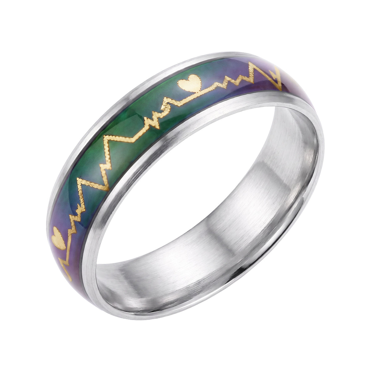 Mood ring with a golden heartbeat line, dark surface and silver-tone rim