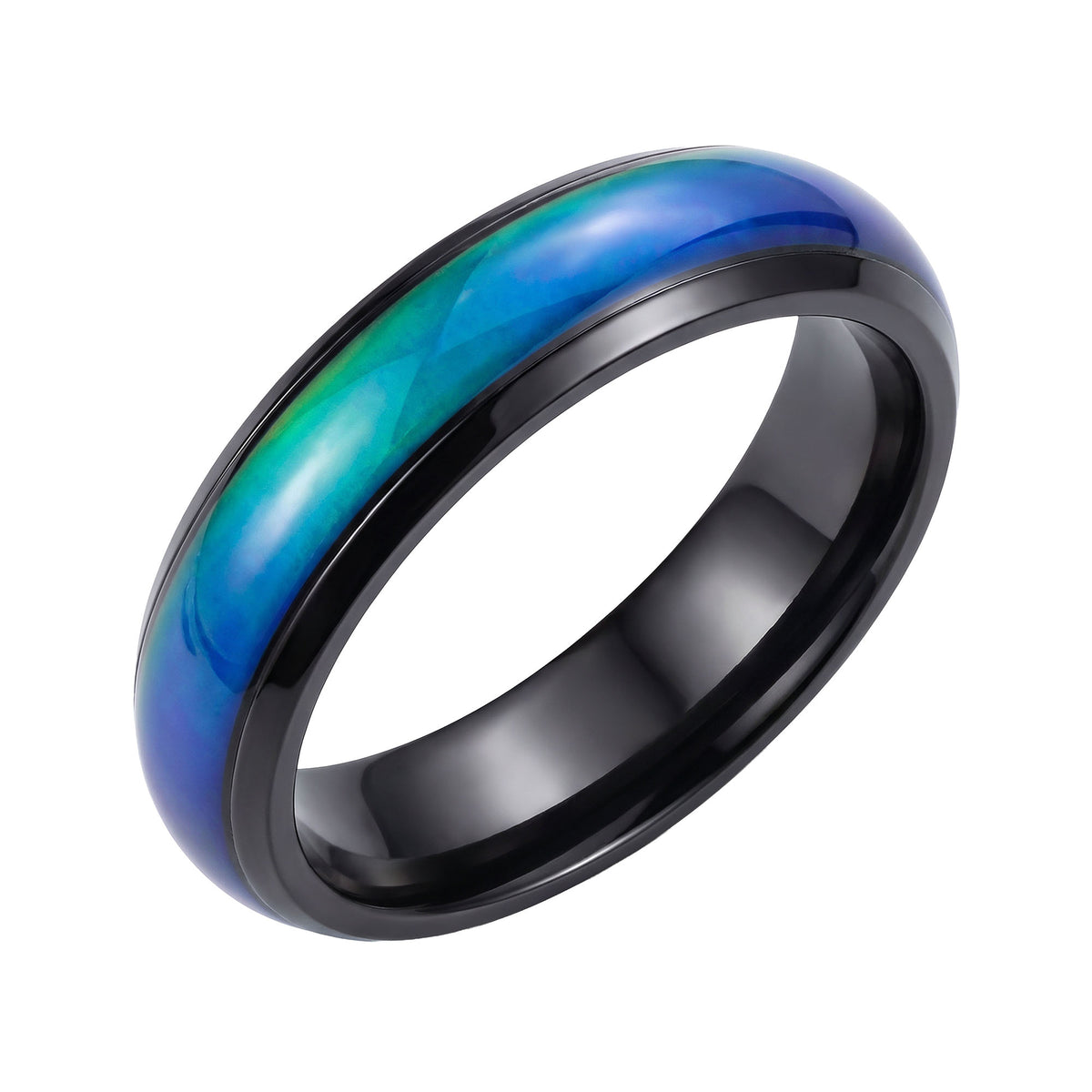 Mood ring with a black rim and bright blue to green colour shift