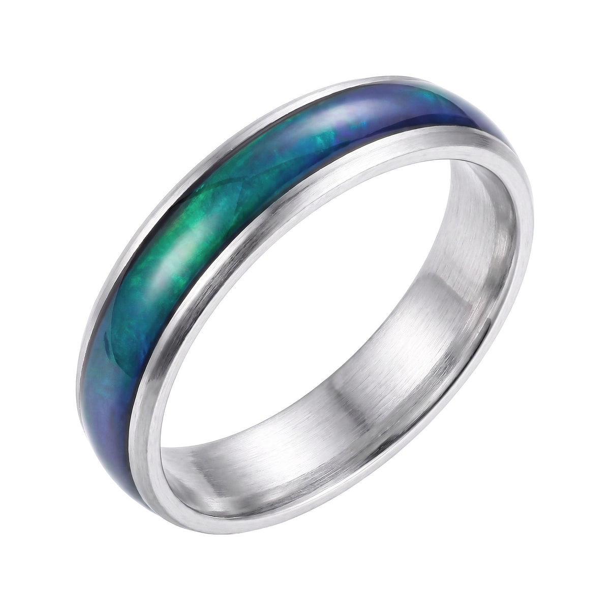 Polished steel mood ring, 4 mm wide, with a blue green colour band