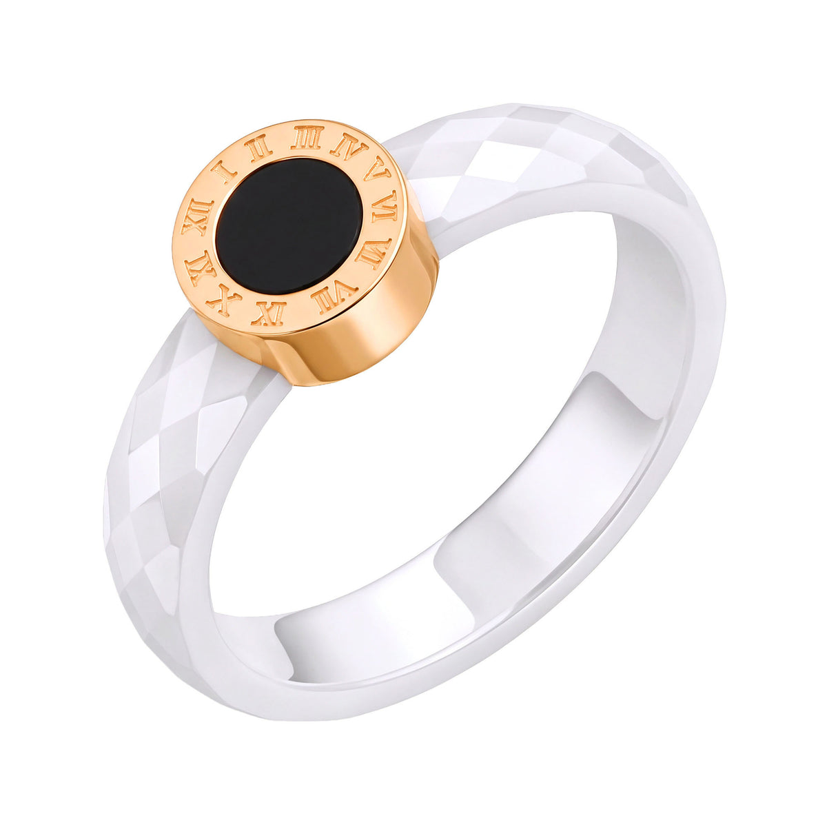 White ceramic ring with a gold-plated Roman numeral circle and black centre