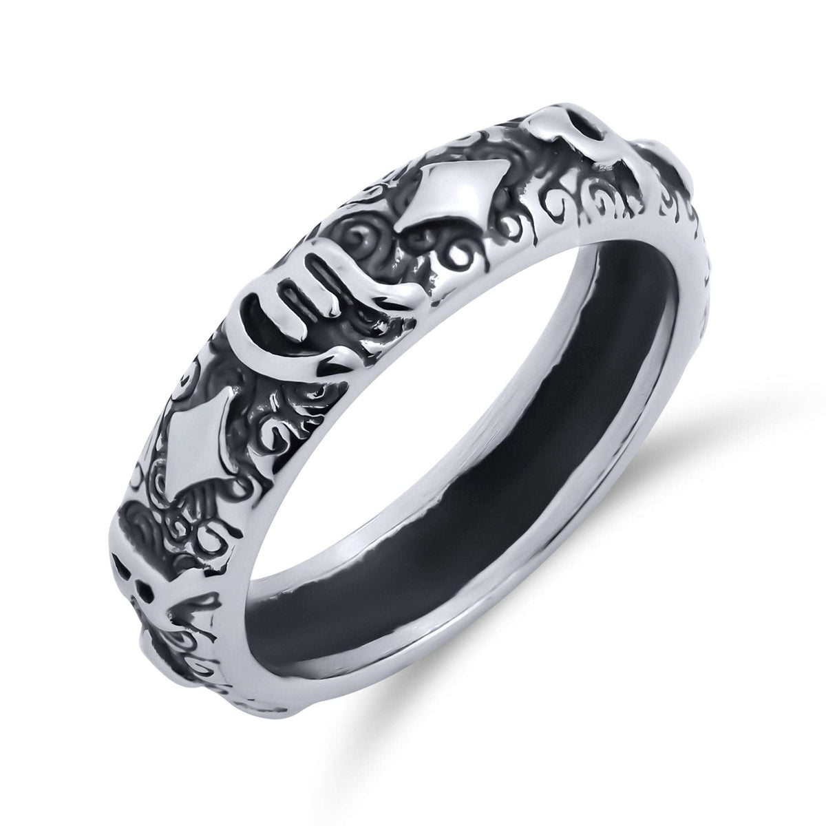 Narrow steel ring with embossed symbols and darkened patterns all round