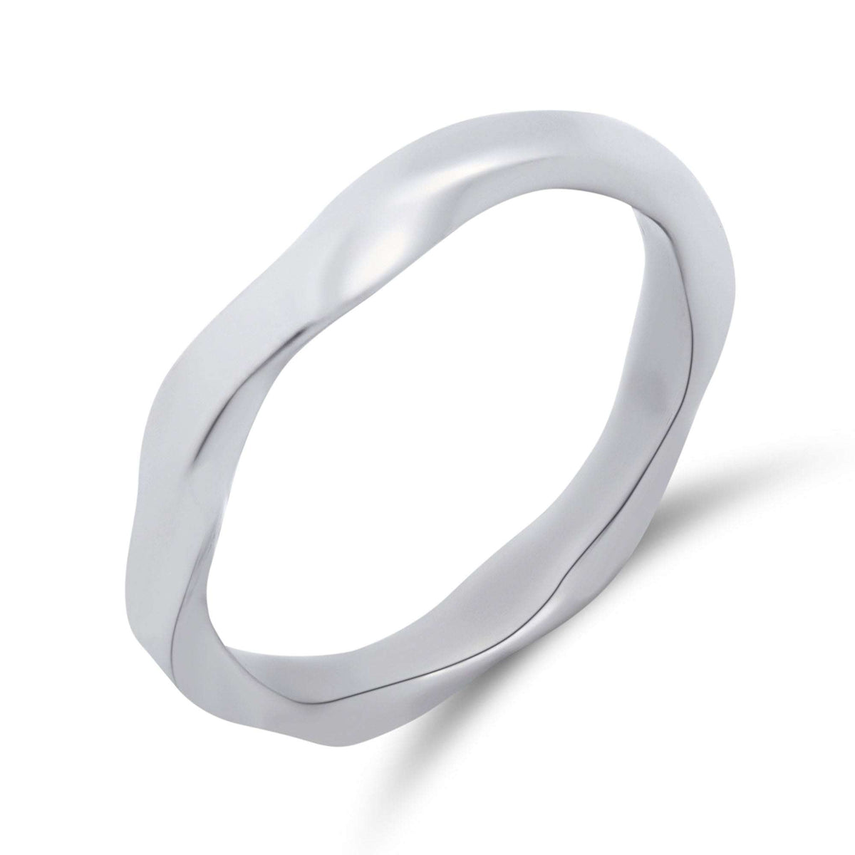 Wavy unisex ring with a smooth polished steel surface on a white background
