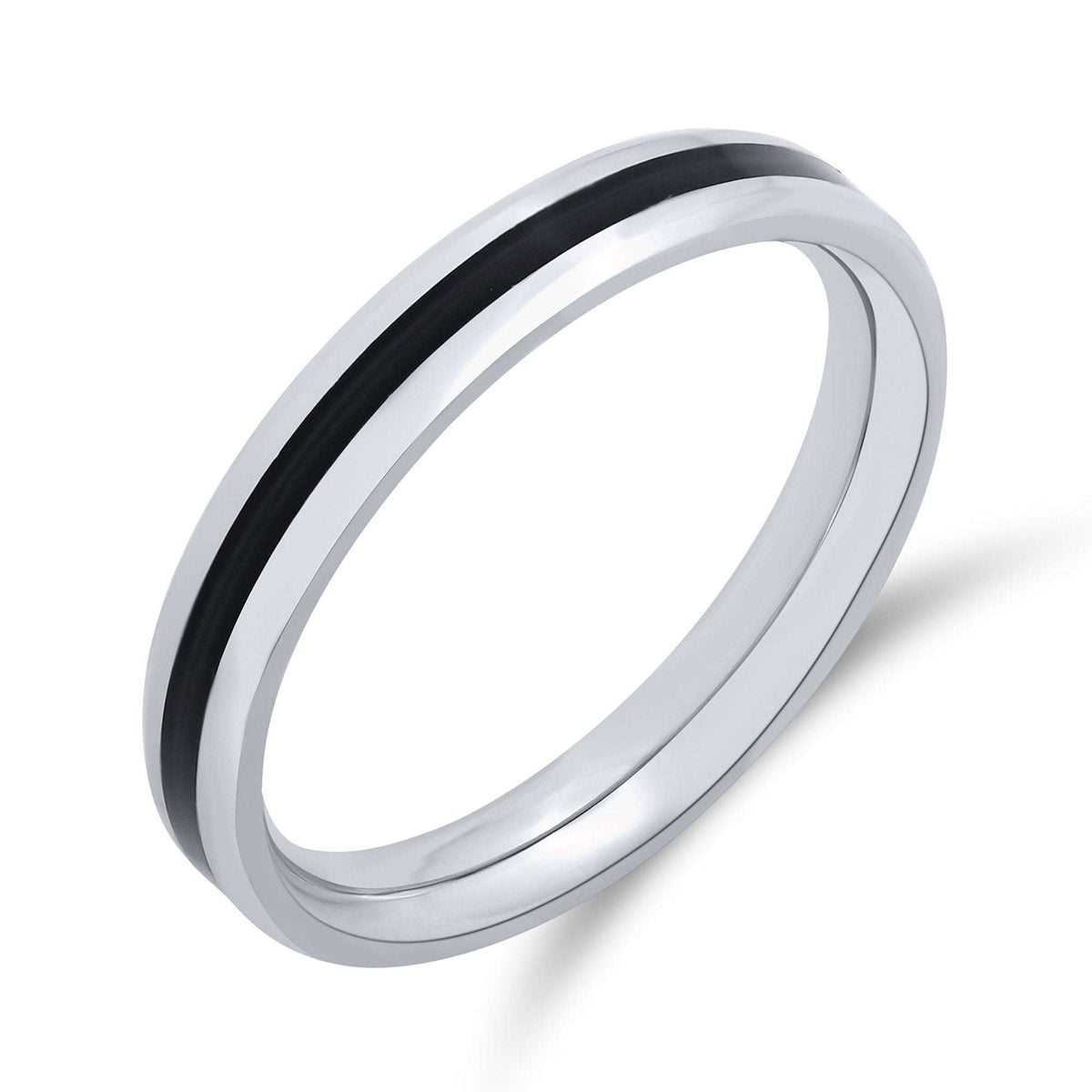 Unisex steel ring with a black accent line and smooth polish