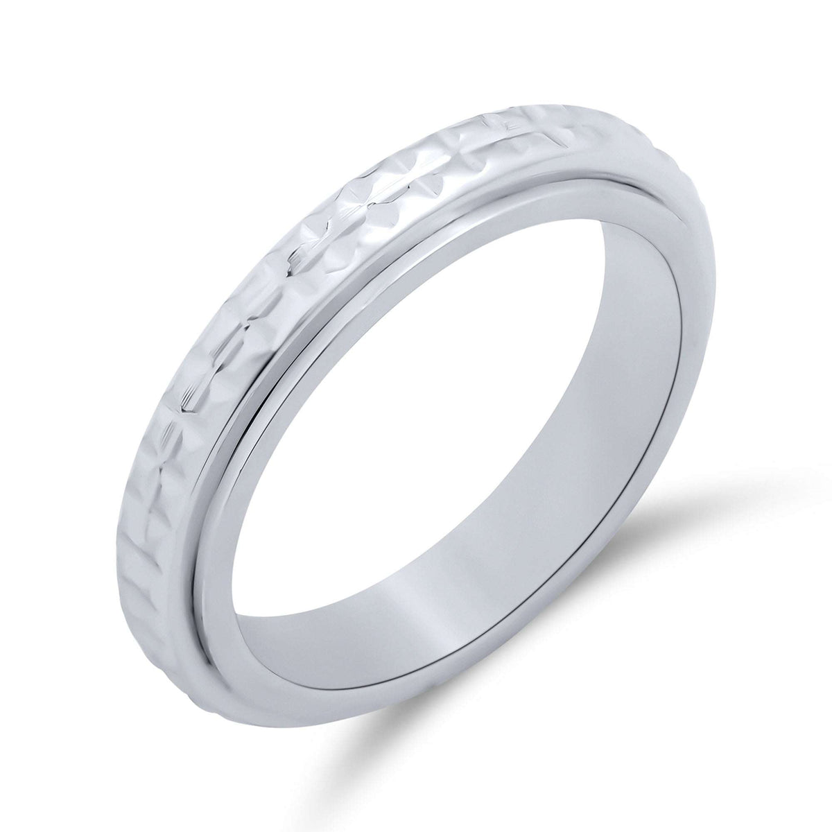 Men's steel band ring with a carved textured surface, silver tone