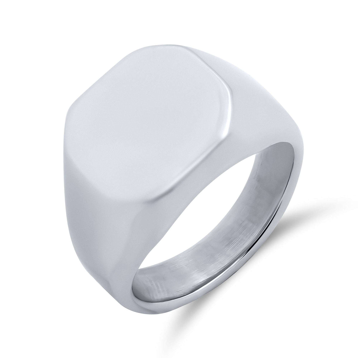 Octagonal men's signet ring in steel with a wide band and smooth top