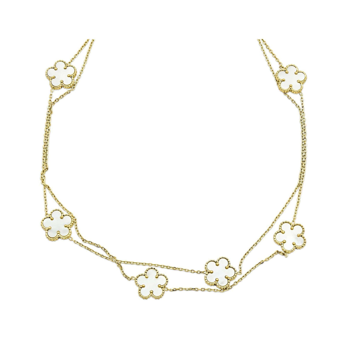 Gold-plated double-strand necklace with six white enamel flowers on fine chains
