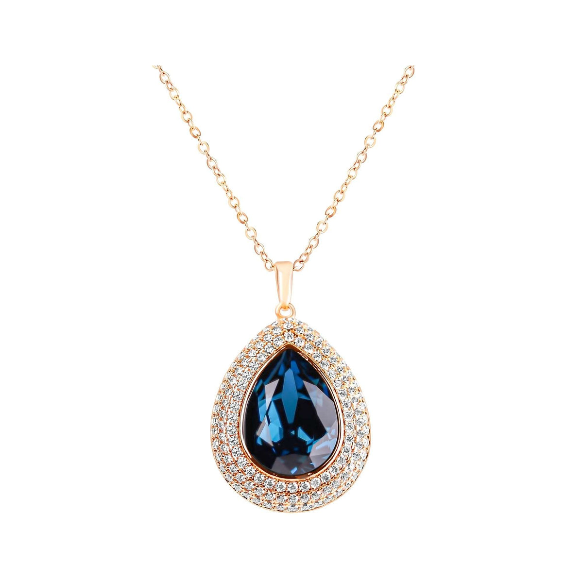 Dark blue teardrop crystal in a double cubic zirconia frame on a gold-plated chain