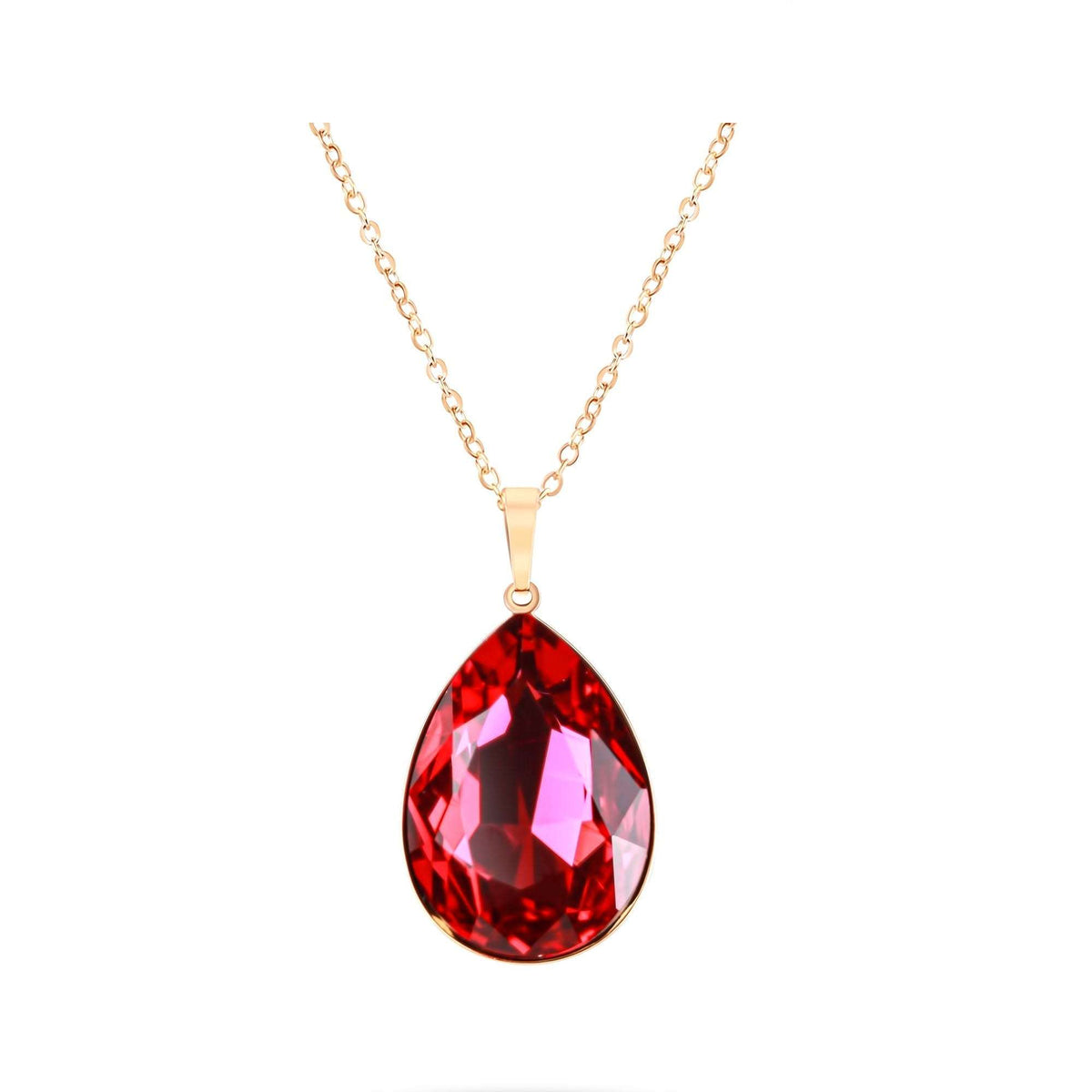 Large red teardrop crystal in a gold-plated frame on a fine chain