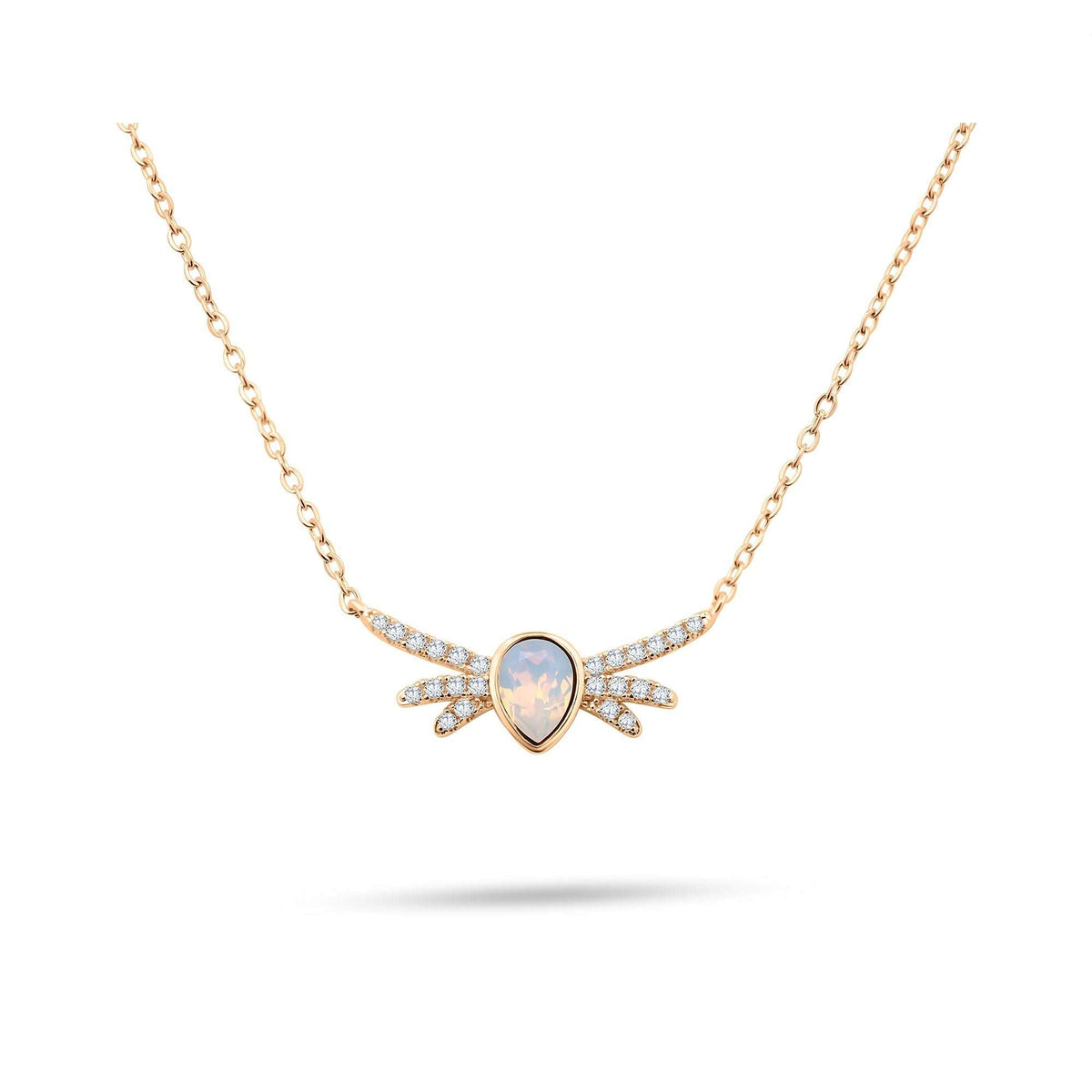 Necklace with an opal-tone pear stone and cubic zirconia wings, gold-plated anchor chain