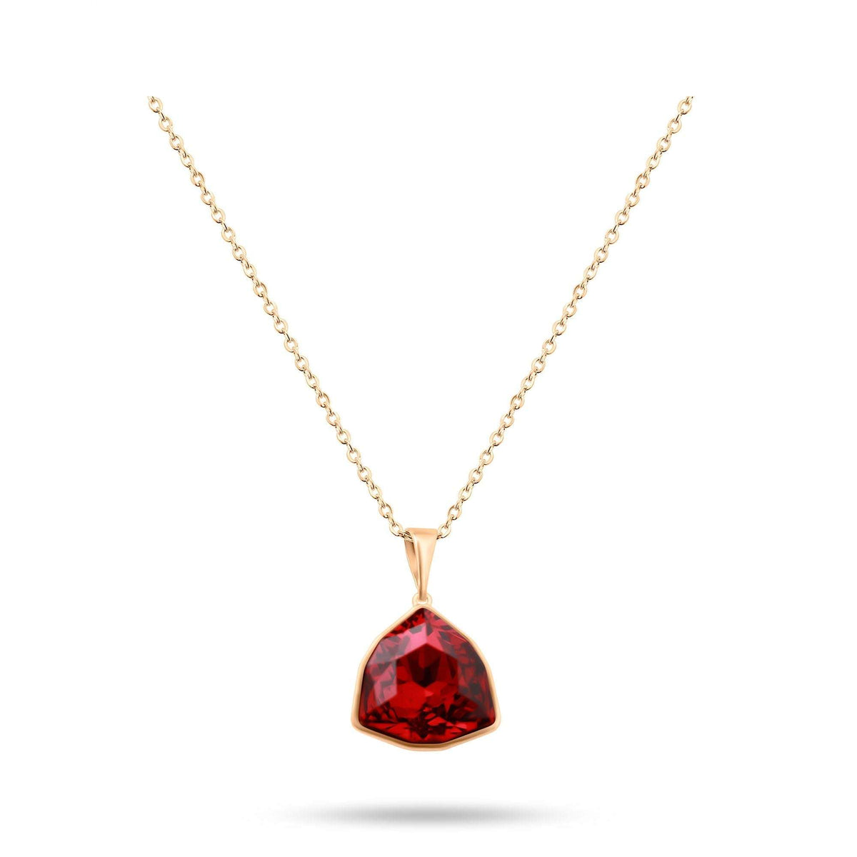 Gold-plated anchor chain necklace with a large red triangular crystal on white