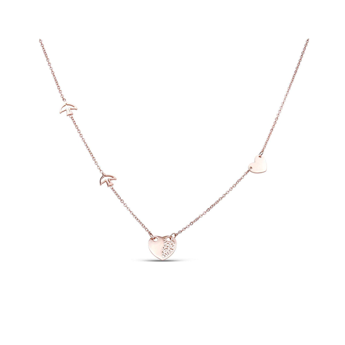 Delicate necklace with an ornamented heart and bird silhouettes in rose gold tone