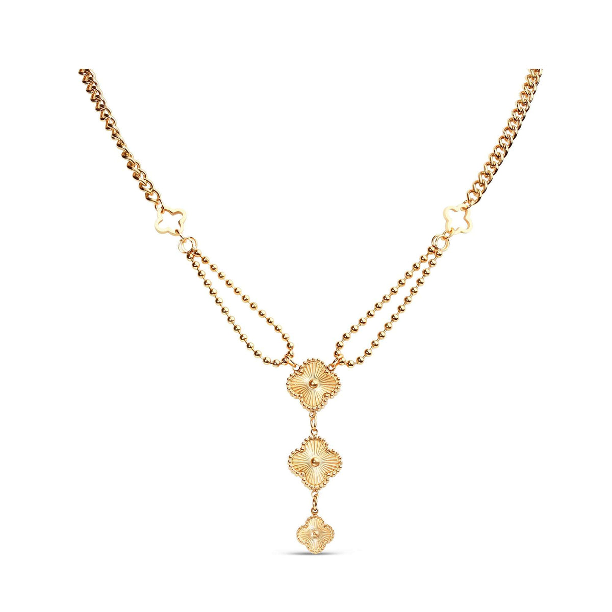 Gold-tone necklace with three embossed clover charms and two chain types