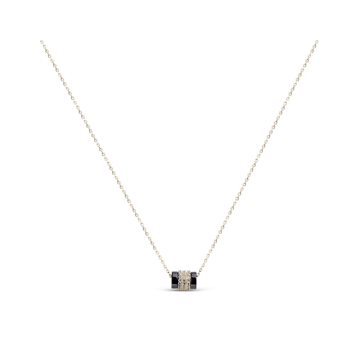 Fine gold-tone chain with a black cylinder pendant and clear stone bands