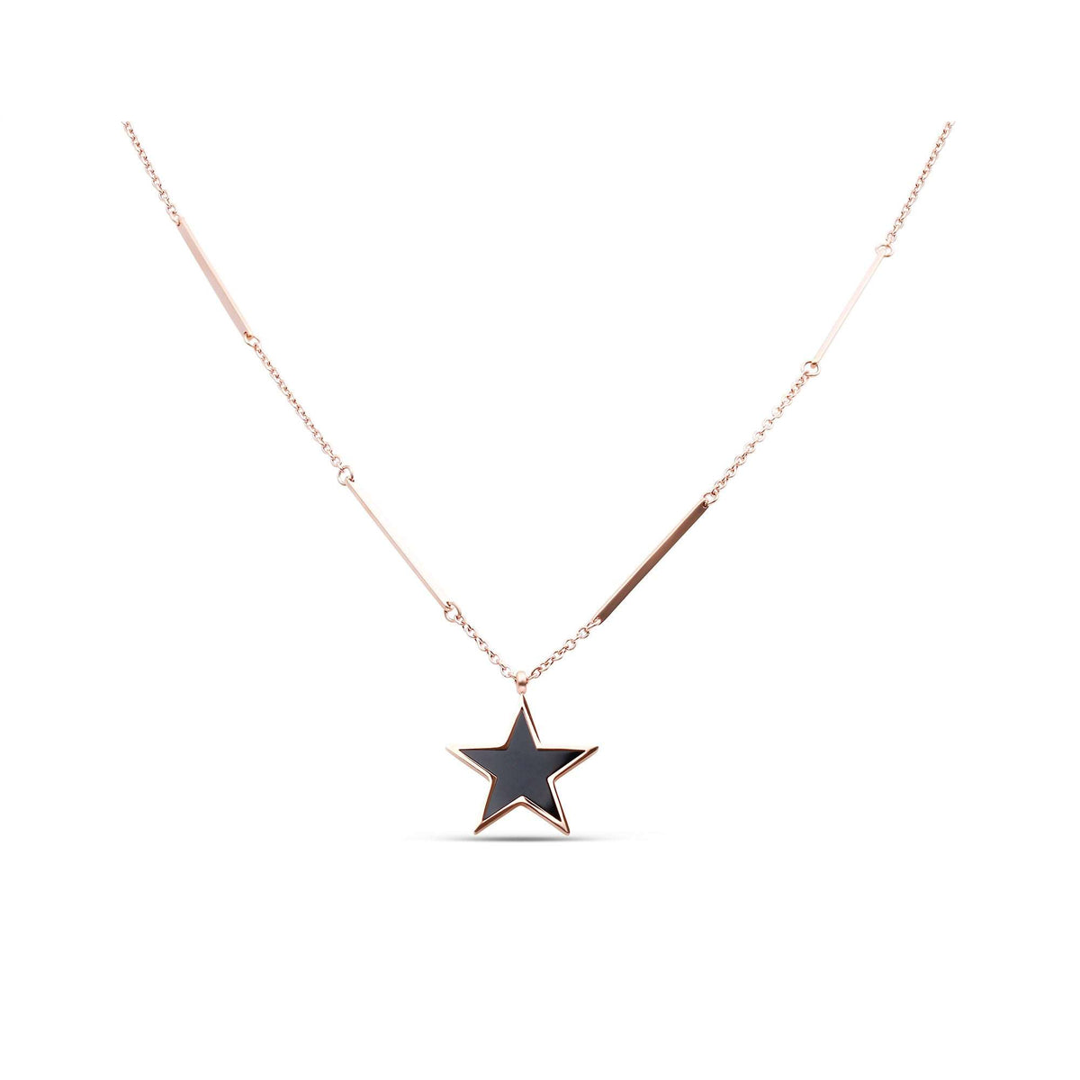 Long rose gold-plated necklace with bar links and a black star pendant