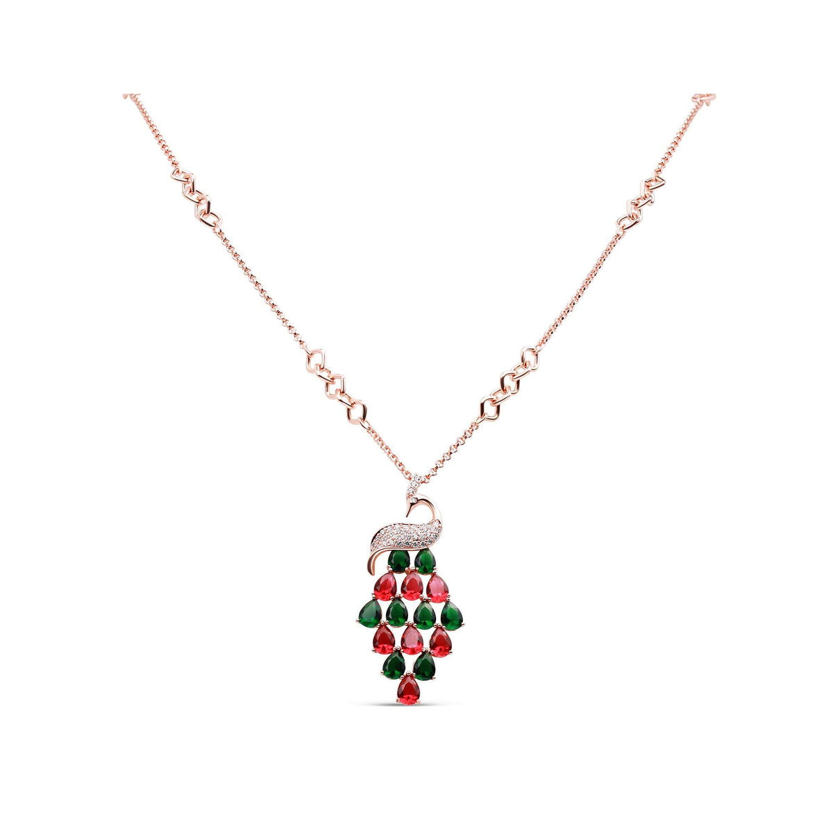 Rose gold-plated peacock pendant necklace with red and green teardrop stones
