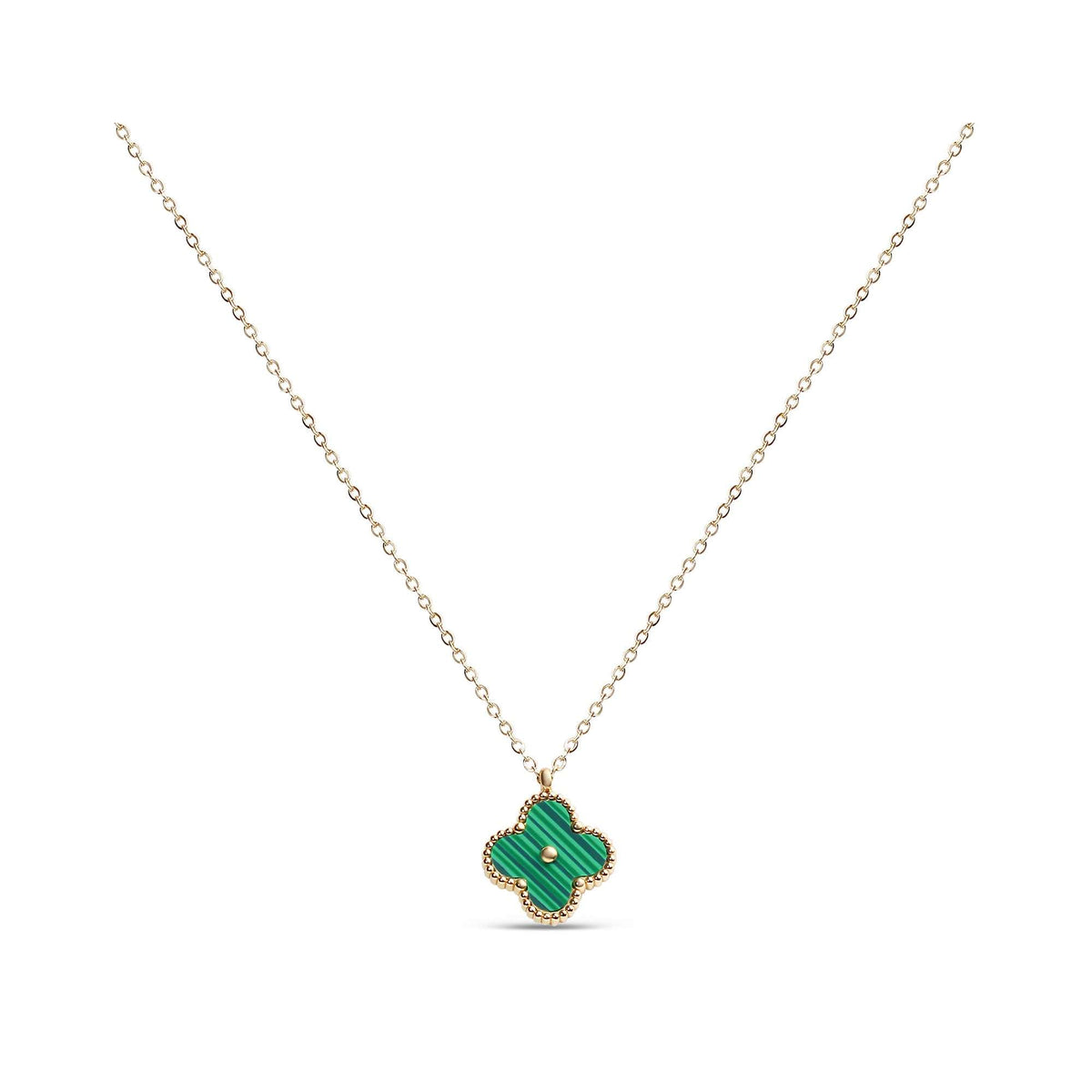 Green enamel four-leaf clover in a golden beaded frame on a fine chain