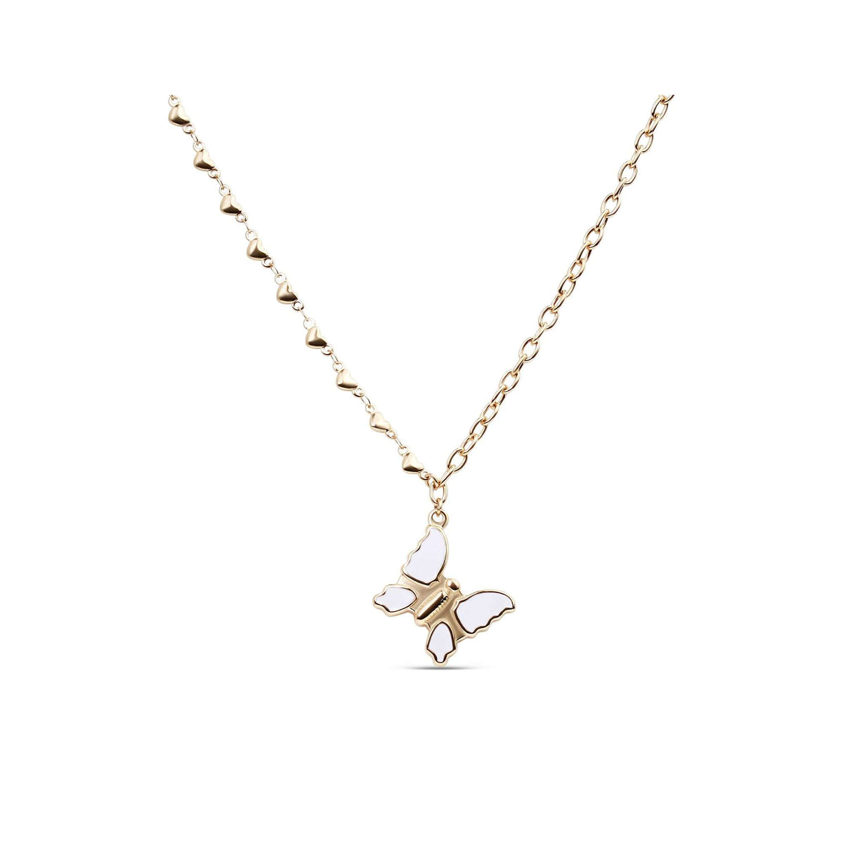 Necklace with a white enamel butterfly on a gold-plated heart chain