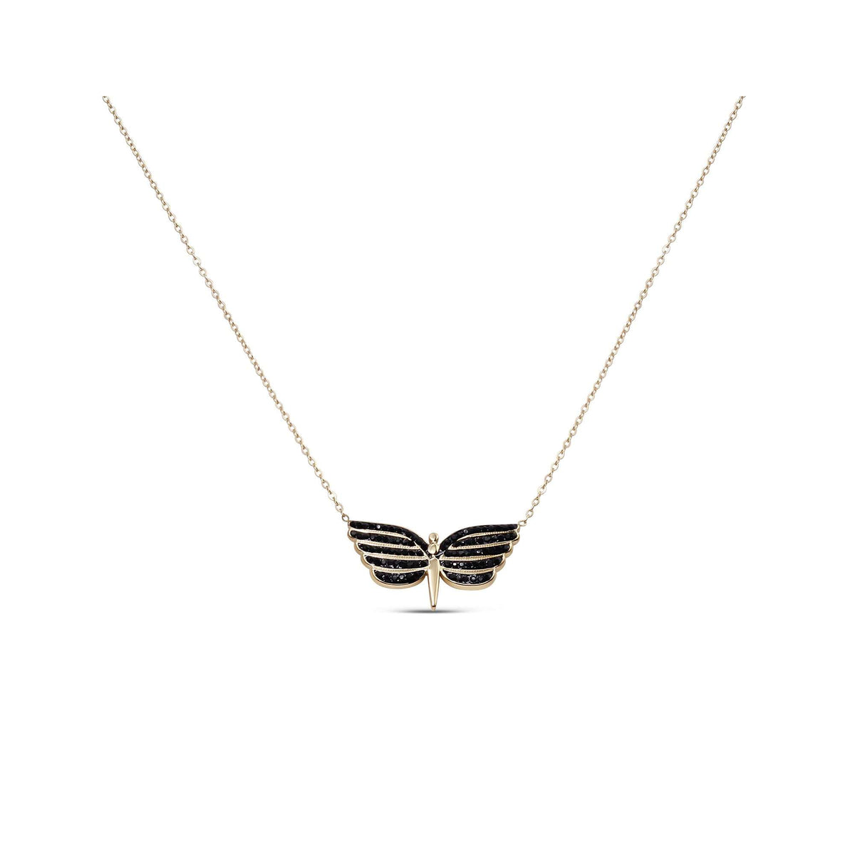 Butterfly pendant with wings covered in black crystals on a gold-plated chain