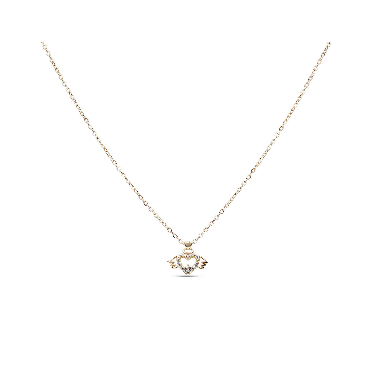 Gold-plated necklace with a winged heart pendant and sparkling white cubic zirconia