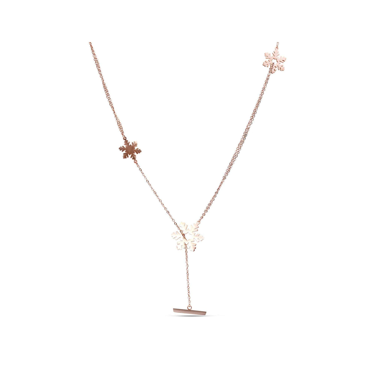 Long rose gold-tone necklace with snowflakes and a dangling bar on white