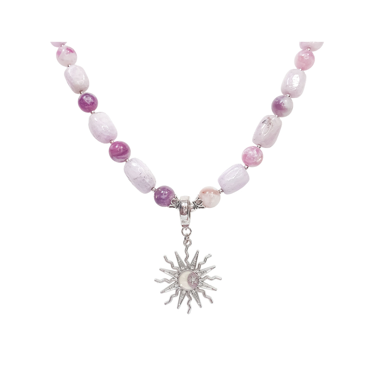 Lilac natural stone bead necklace with a silver-tone sun pendant