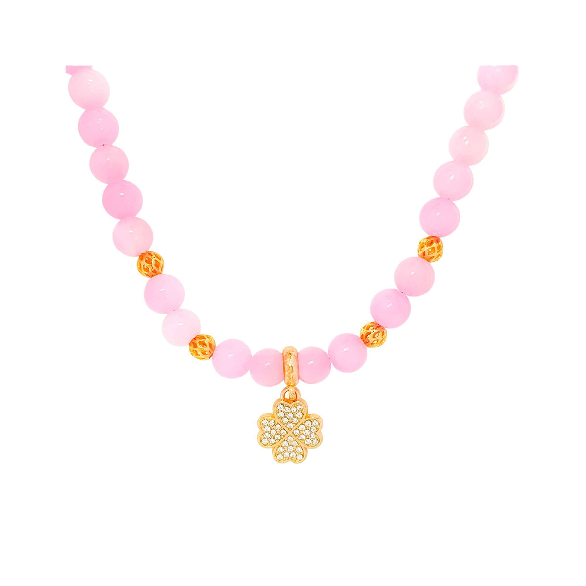 Pink bead necklace with a sparkling gold-tone four-leaf clover charm