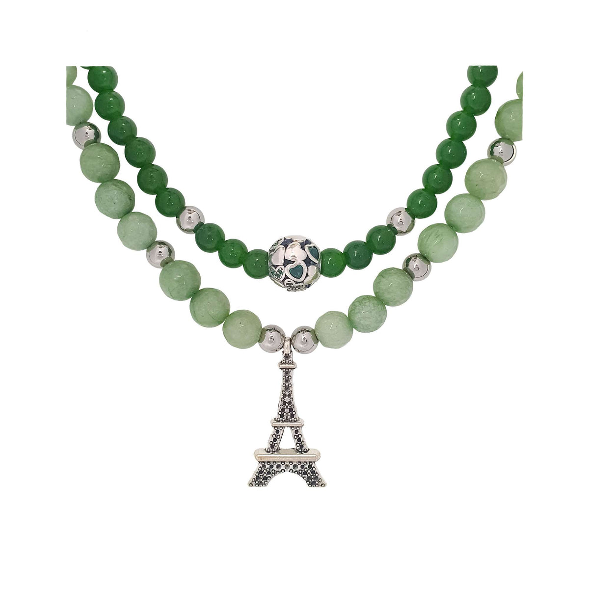 Double-strand green stone necklace with a silver-tone Eiffel Tower pendant