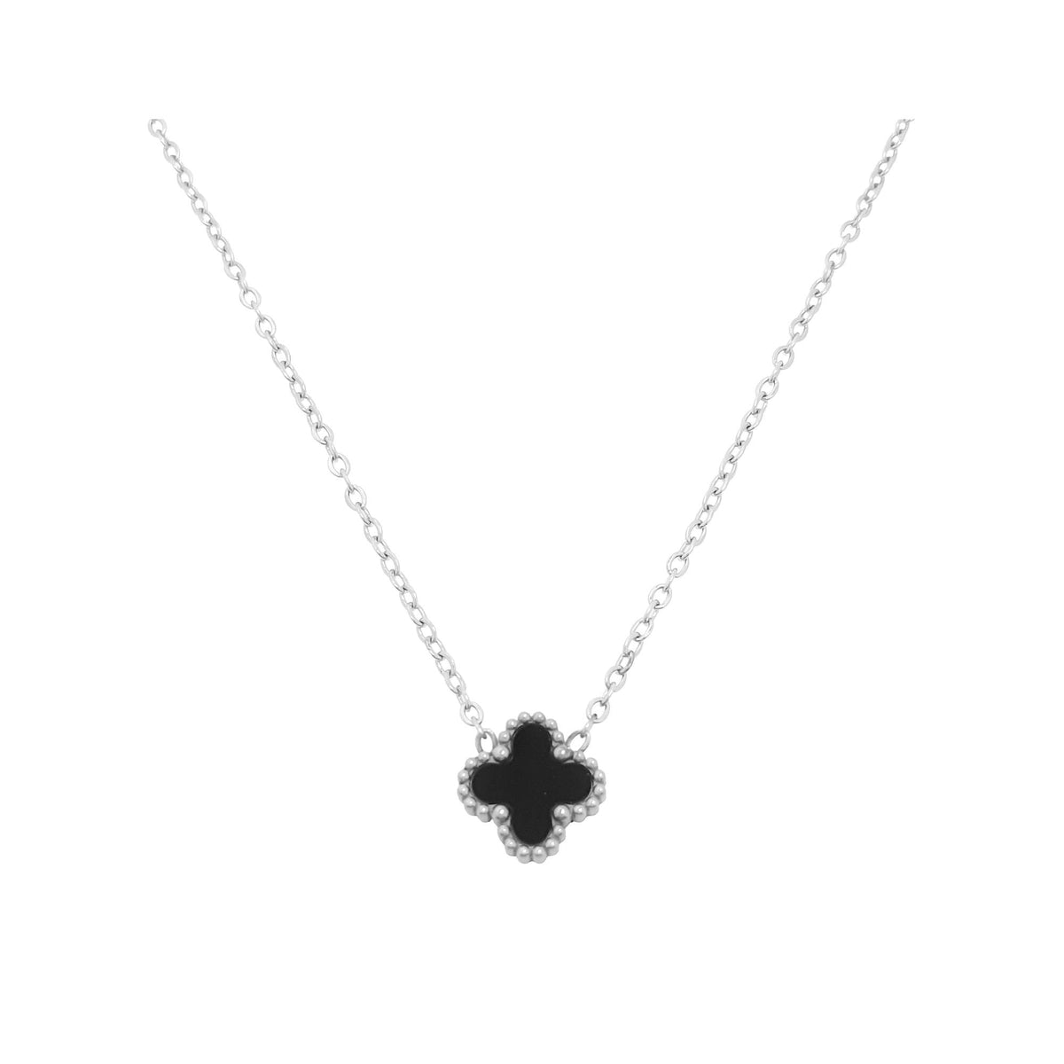 Necklace with a black enamel clover and a beaded edge in silver tone