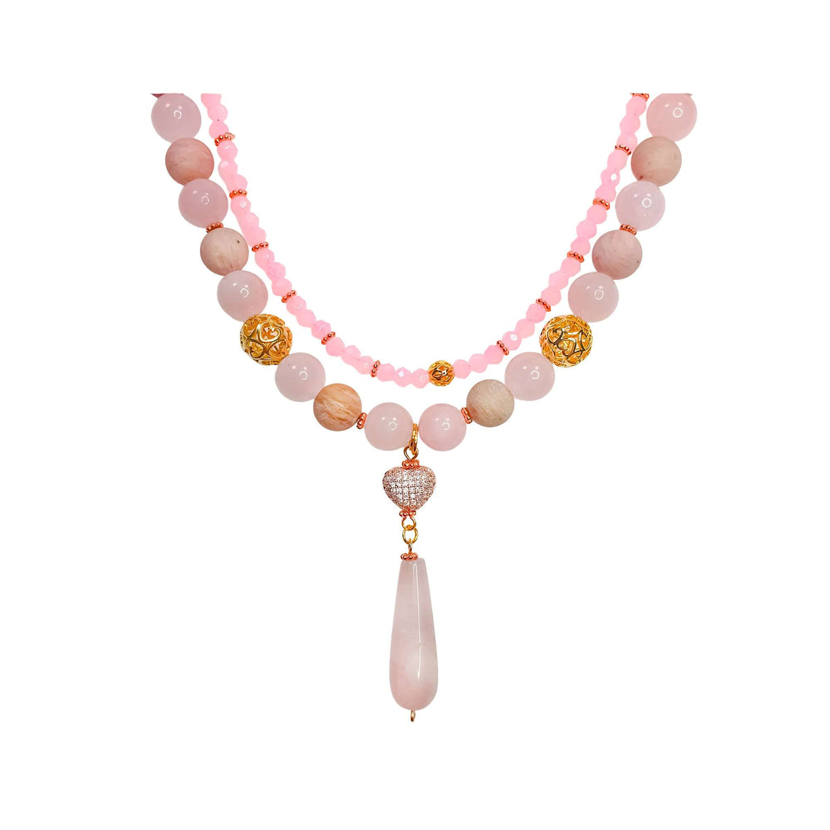 Two-strand pink stone necklace with a cubic zirconia heart and quartz drop