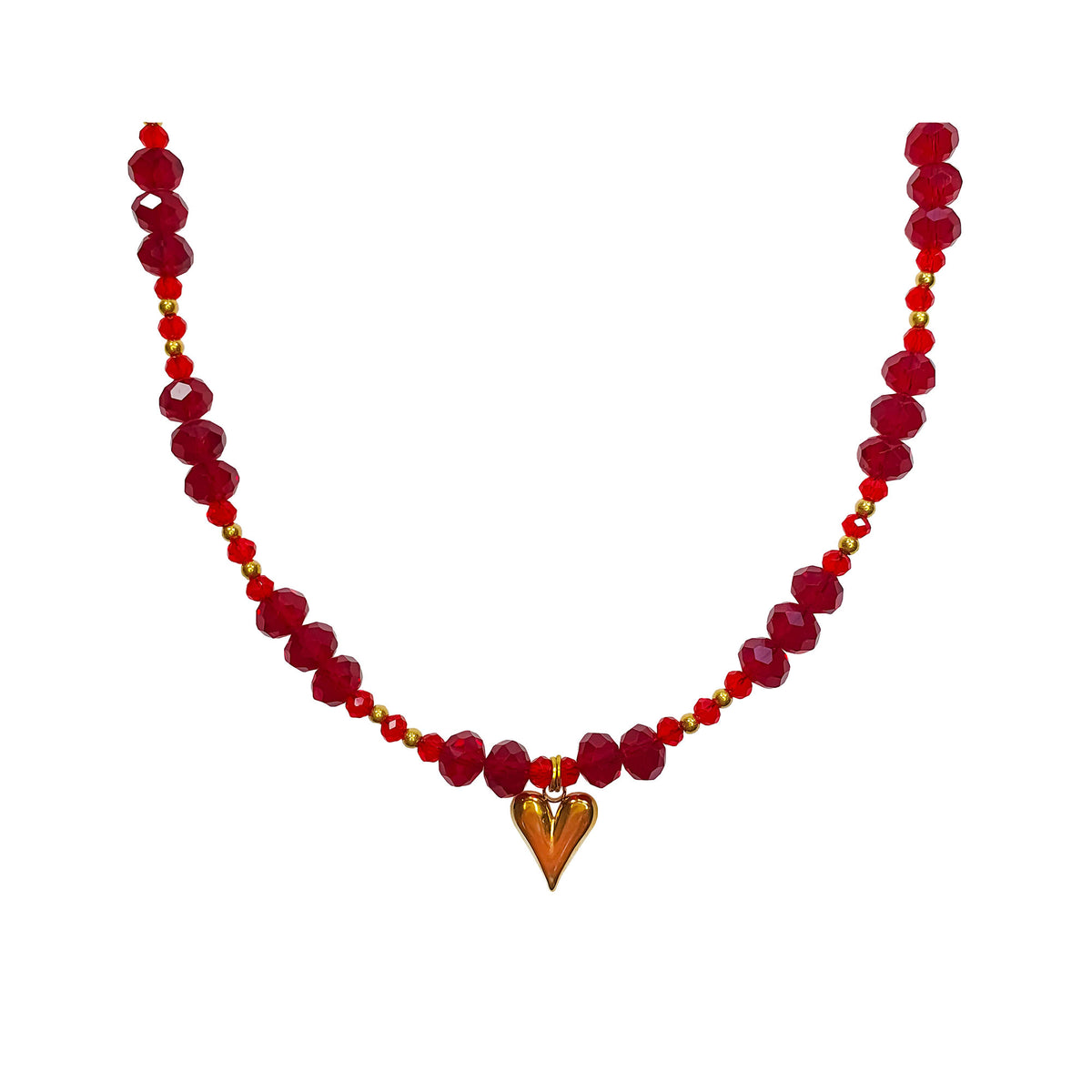 Dark red faceted crystal necklace with a gold-tone heart pendant and golden beads