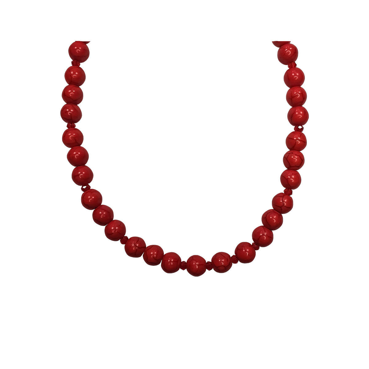 Classic red bead necklace with large glossy beads and sparkling glass crystals