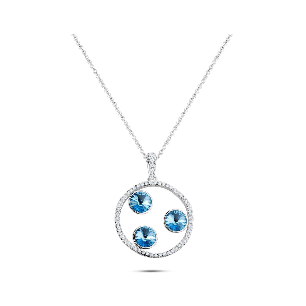 Necklace with a round cubic zirconia pendant and three bright blue stones