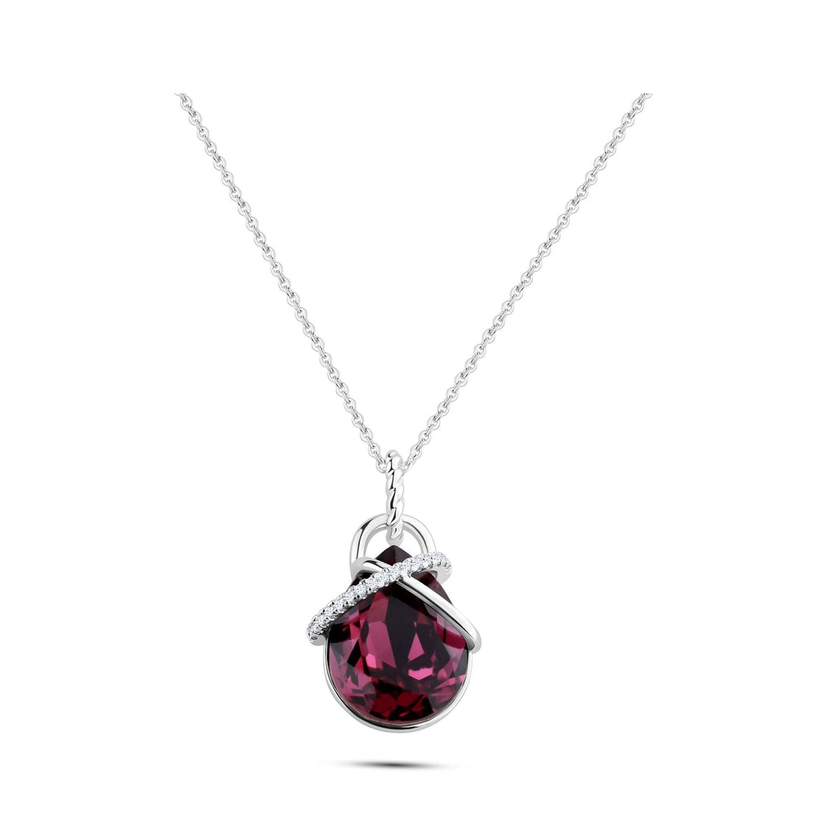 Necklace with a large faceted violet stone and cubic zirconia band, silver tone