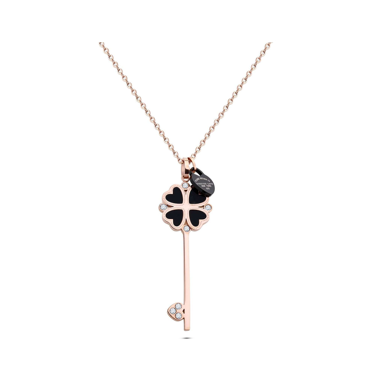 Key pendant with black clover and cubic zirconia on a long rose-tone chain