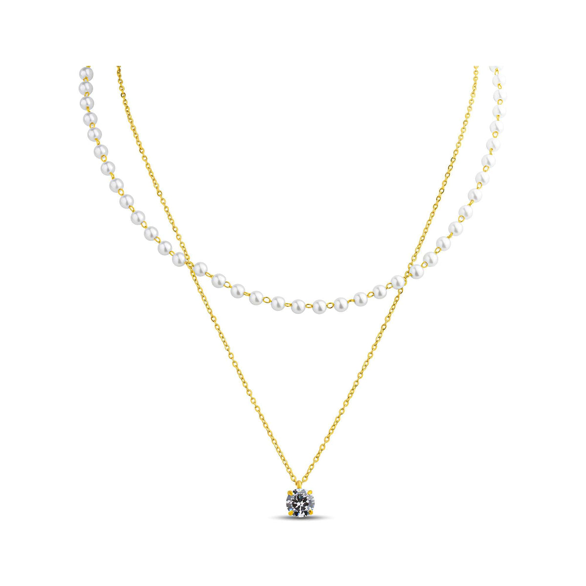 Double-strand gold-plated necklace with white pearls and a round crystal pendant