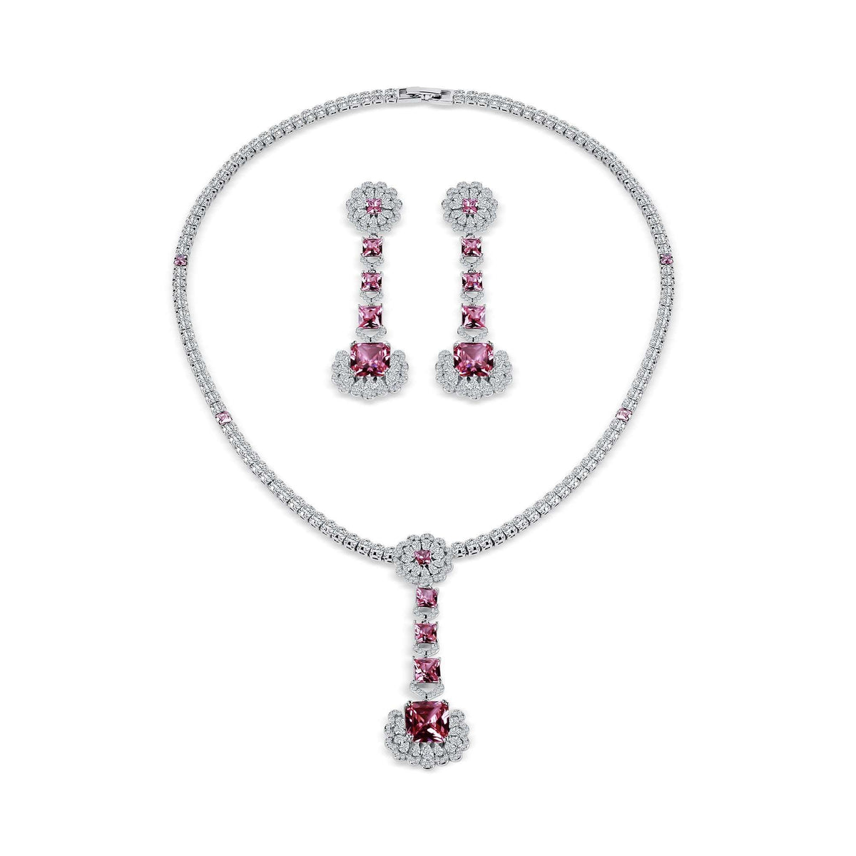 Necklace and earrings set with pink crystals and sparkling cubic zirconia in silver tone