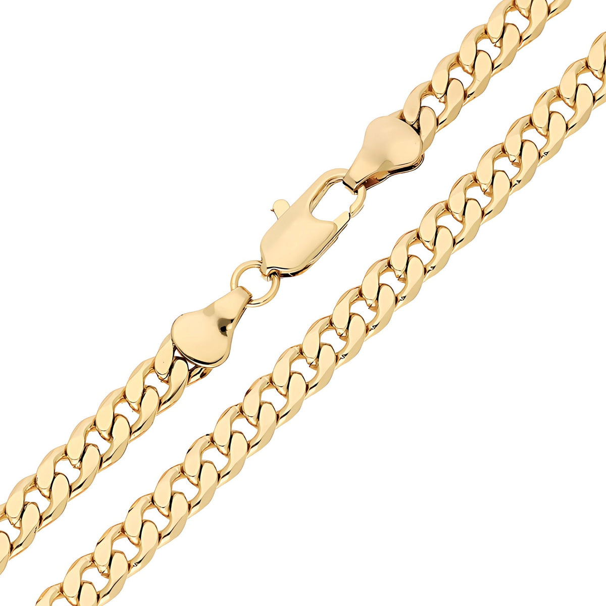 Close-up of a gold-plated curb chain with wide flat links and a lobster clasp