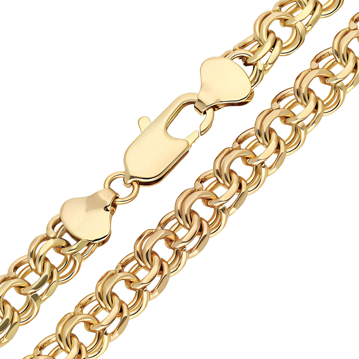 Close-up of chunky Garibaldi chain with gold-plated links and lobster clasp