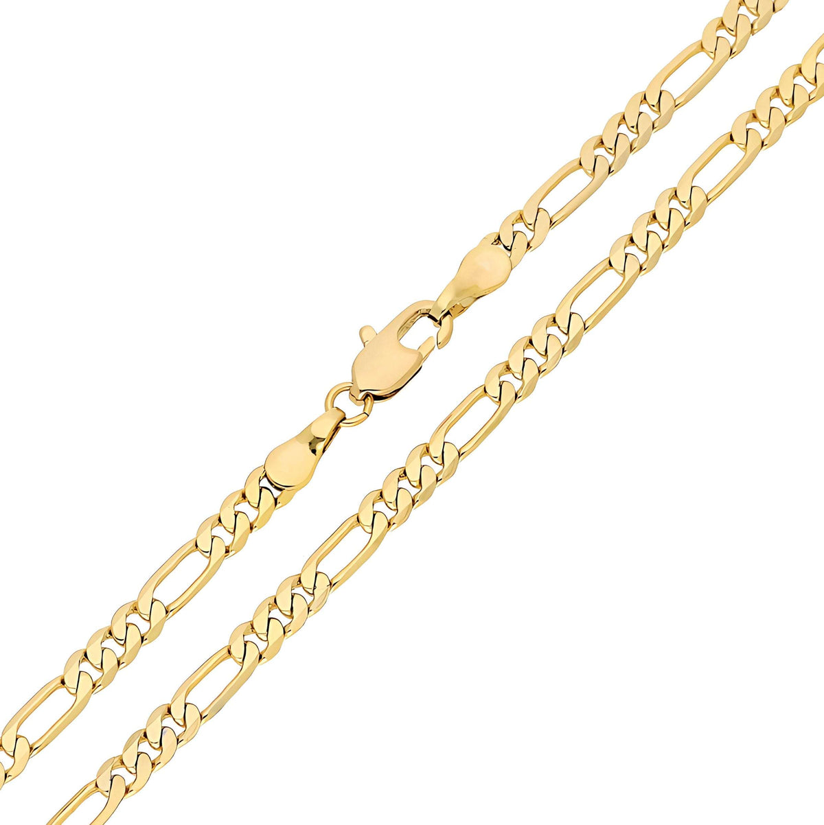 Gold-plated Figaro chain with solid links and a lobster clasp on a white background